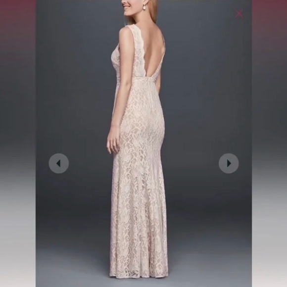 David's Bridal Ivory Nude Lace Plunging V-Neck Wedding Gown size 8 - Picture 2 of 8